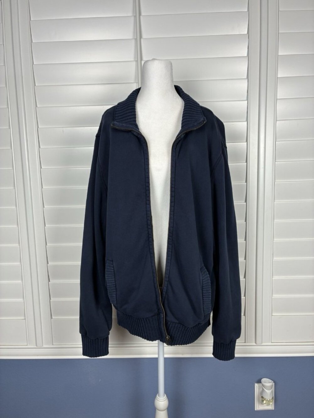 Lucky Brand Men’s L Navy Full Zip Cotton Knit Jacket Ribbed Collar